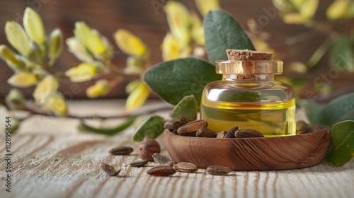 Glass bottle of golden jojoba oil with seeds and natural floral accents, arranged on a wooden surface for an organic and wellness-inspired aesthetic. Generative AI photo