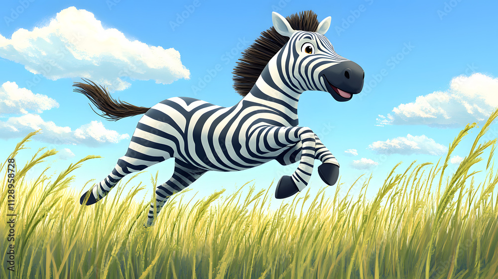A playful cartoon zebra running through a field of tall grass under a bright sky. A playful cartoon zebra running through a field of tall grass under a bright sky.