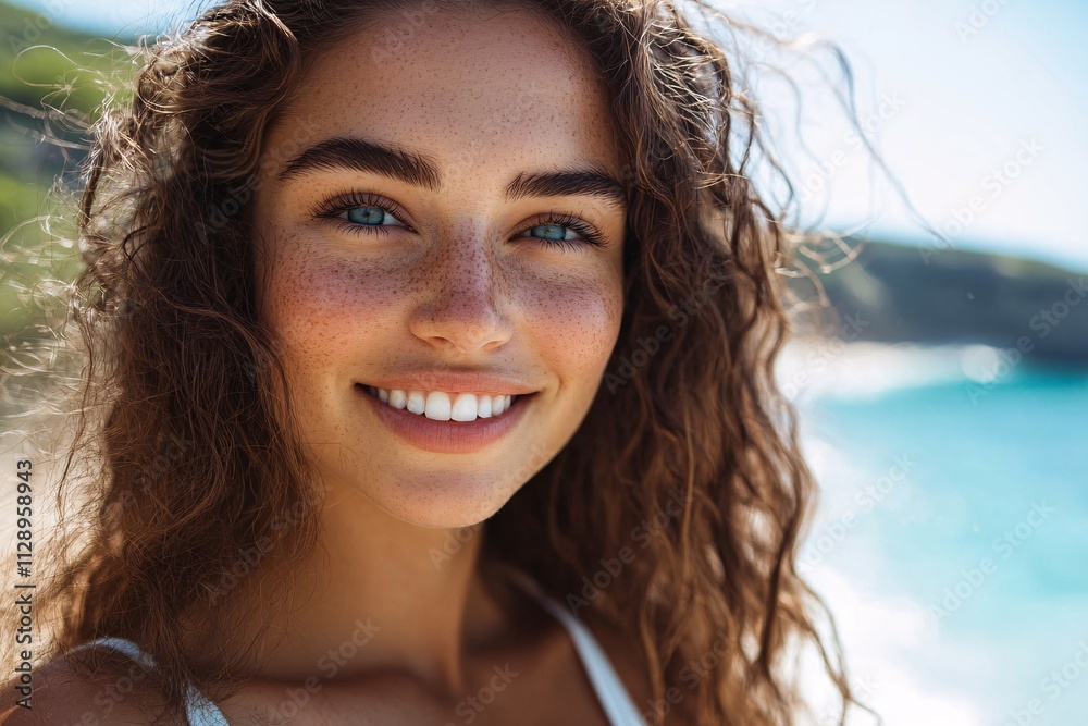 Smiling woman with long curly brown hair, blue eyes, freckles, overlooking Australian beach, in a white tank top, bright sun reflecting on her face 2 Smiling woman with long curly brown hair, blue eyes, freckles, overlooking Australian beach, in a white tank top, bright sun reflecting on her face 2