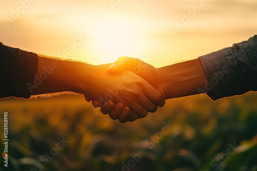 Two people shaking hands in a field with the sun in the background