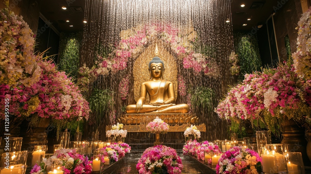Ornate Golden Buddha Statue in Flower Adorned Temple Interior