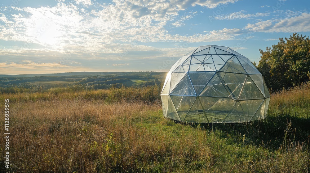 A lightweight, translucent geodesic dome with a modular design, standing in an open field, showcasing its temporary nature A lightweight, translucent geodesic dome with a modular design, standing in an open field, showcasing its temporary nature