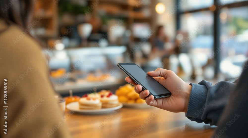 Casual view of someone using a smartphone in a cozy cafe with food and drinks, ideal for lifestyle visuals. Casual view of someone using a smartphone in a cozy cafe with food and drinks, ideal for lifestyle visuals.