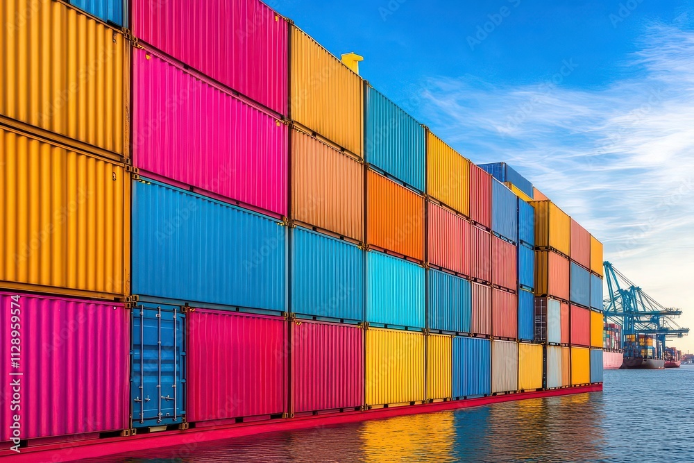 Fototapeta premium A vibrant stack of shipping containers at a port, reflecting in the water.