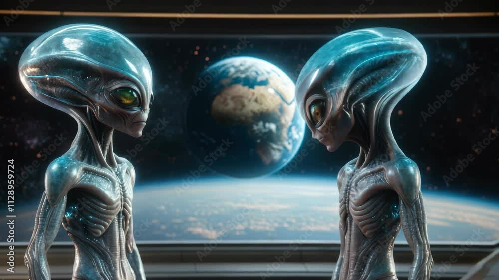 Two extraterrestrial beings stand in a spaceship, gazing at planet earth through a large window. The scene captures a moment of wonder and curiosity in the vastness of space