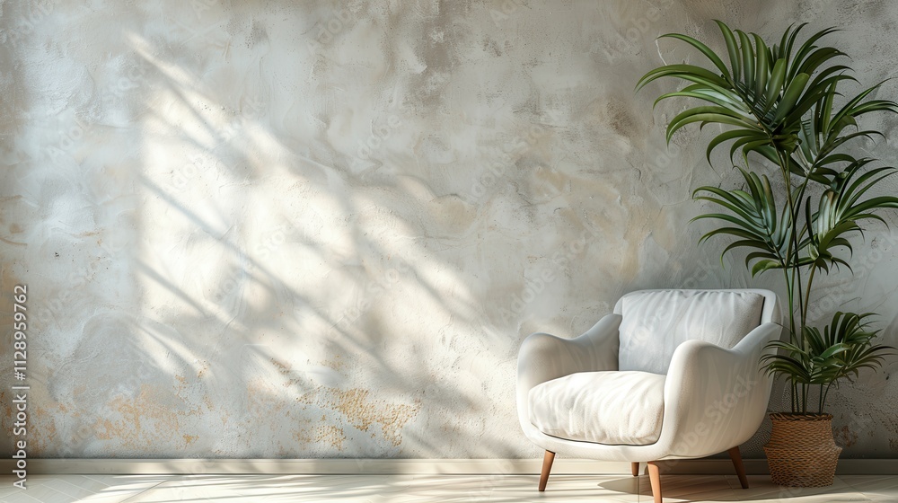 Chic interior showcasing a sleek armchair and a leafy plant beside a neutral plaster wall Chic interior showcasing a sleek armchair and a leafy plant beside a neutral plaster wall