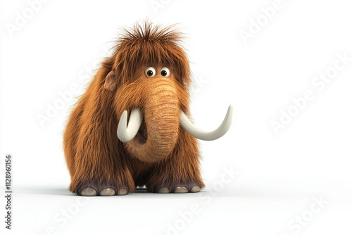 A 3D depiction of a Woolly Mammoth calf sitting by itself on a white backdrop.