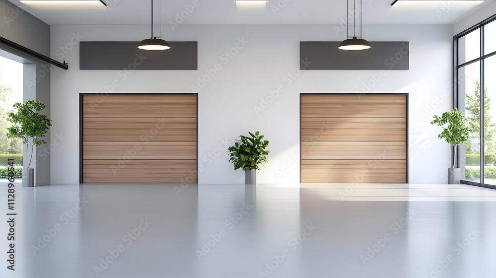 Fototapeta premium Modern empty garage space with bright floors and soft sunlight, 3D rendering