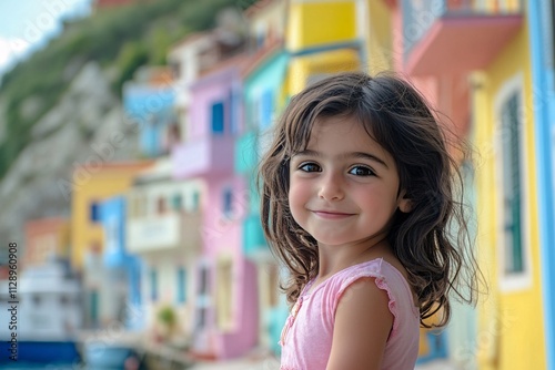 Little girl from the Middle East in a colorful seaside village, smiling softly at the camera, dark eyes, olive skin, sunny day by a vibrant inlet, Mediterranean feel 1