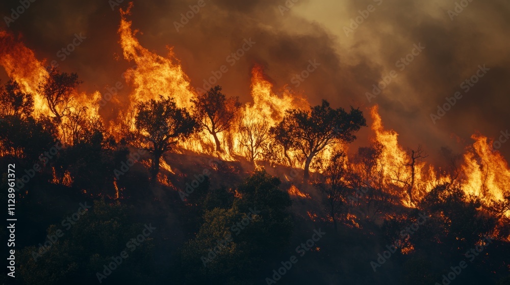 Wildfire devastation forest region natural disaster ominous skies close-up perspective climate crisis insights Wildfire devastation forest region natural disaster ominous skies close-up perspective climate crisis insights