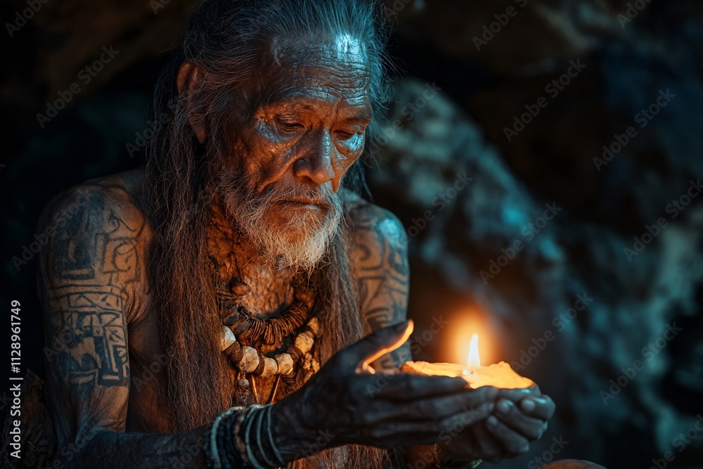 Elderly prehistoric shaman performing ritual, serene expression, cave interior, torchlight, ancient symbols, close-up 3 Elderly prehistoric shaman performing ritual, serene expression, cave interior, torchlight, ancient symbols, close-up 3