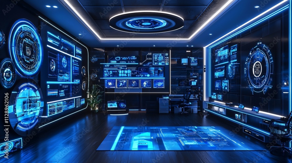 Futuristic control room with interactive displays and holographic interface. Futuristic control room with interactive displays and holographic interface.