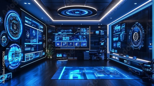 Futuristic control room with interactive displays and holographic interface.