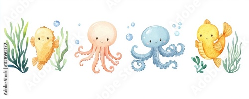 A large assortment of marine animals, including a charming undersea bundle with an octopus, seahorse, jellyfish, turtle, clownfish, shells, algae, corals, and bubbles, illustrated in hand-drawn