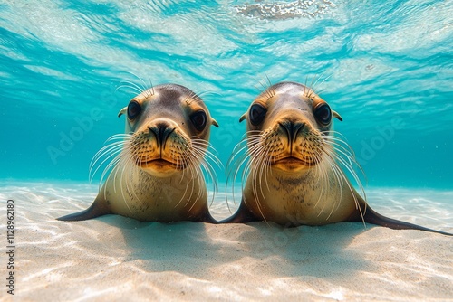 A collection of sea mammals swimming in clear blue water, generated by AI. photo