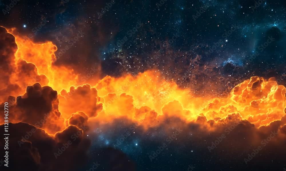Fiery Celestial Cloudscape: A cosmic spectacle of incandescent clouds and distant stars Fiery Celestial Cloudscape: A cosmic spectacle of incandescent clouds and distant stars