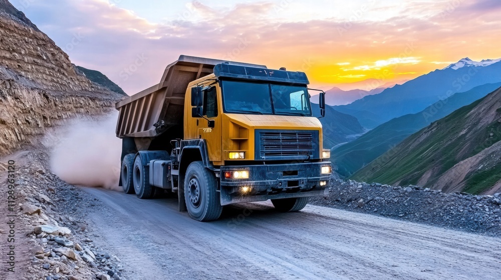Dump Truck on Mountain Road at Sunset Dump Truck on Mountain Road at Sunset