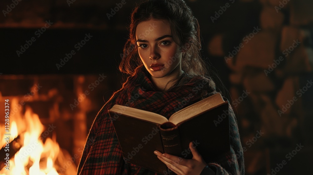 Thoughtful Woman Reading a Book by the Fireplace in a Cozy Serene Indoor Setting Thoughtful Woman Reading a Book by the Fireplace in a Cozy Serene Indoor Setting