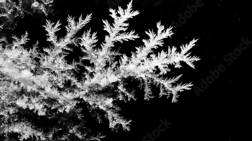 A macro shot of ice crystals forming natural patterns, highlighted against a deep black background for stark contrast