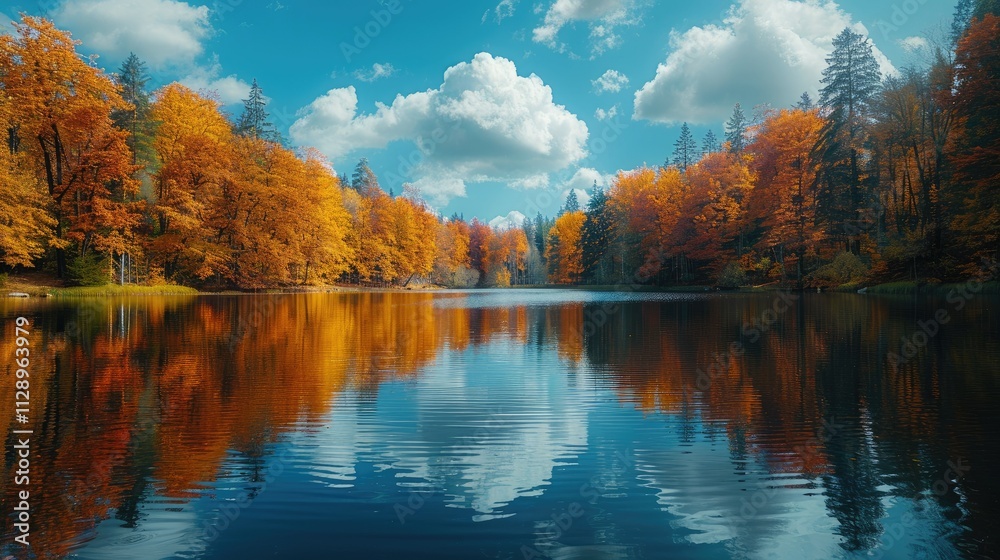 Serene autumnal lake scene with vibrant foliage reflected in placid water, under a vast sky with fluffy clouds. Serene autumnal lake scene with vibrant foliage reflected in placid water, under a vast sky with fluffy clouds.