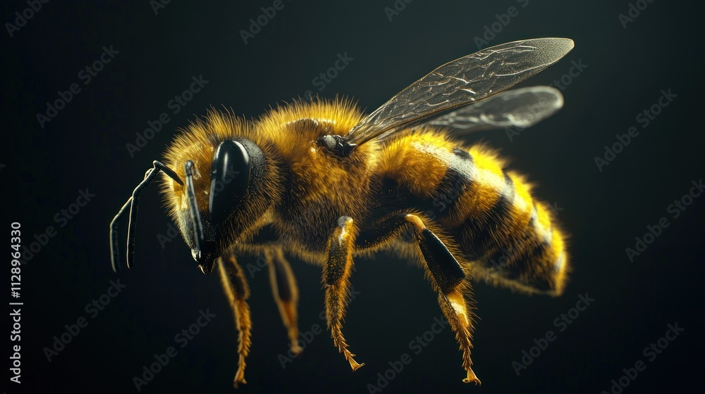 A detailed close-up of a bee showcasing its features and textures. A detailed close-up of a bee showcasing its features and textures.