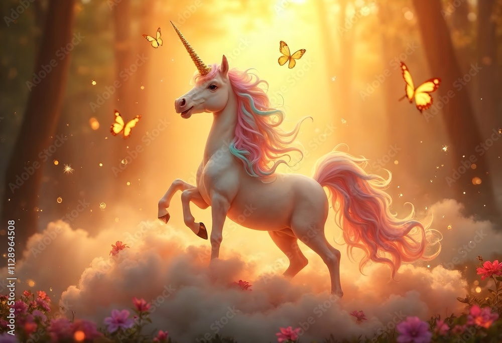 a unicorn with a rainbow on its head is surrounded by flowers. a unicorn with a rainbow on its head is surrounded by flowers.