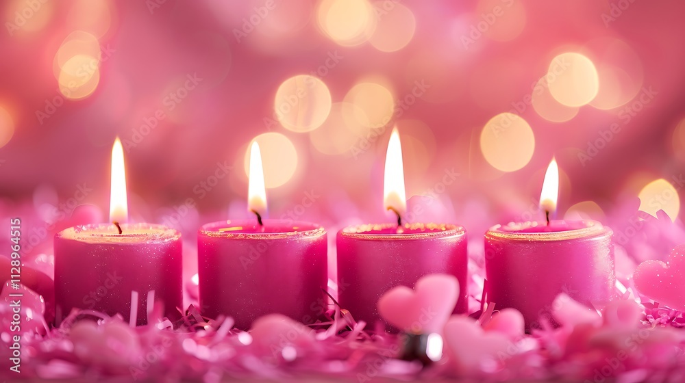 A pink bokeh backdrop with five pink christmas burning candles A pink bokeh backdrop with five pink christmas burning candles