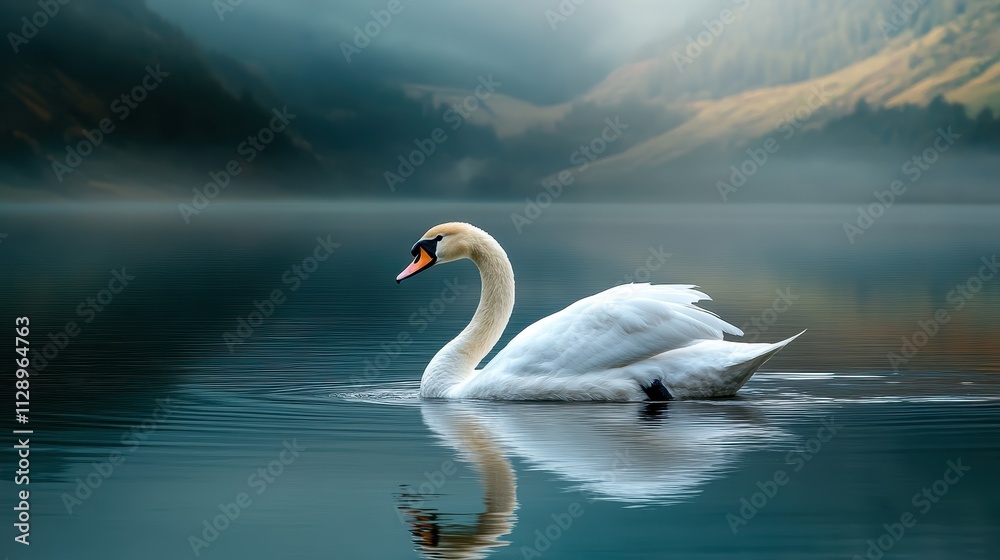 Graceful Swan Gliding Across Tranquil Lake Surrounded by Misty Mountains Graceful Swan Gliding Across Tranquil Lake Surrounded by Misty Mountains