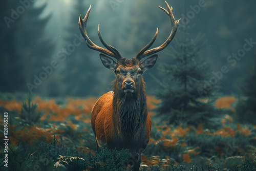 Red deer stag during rutting season in Autumn