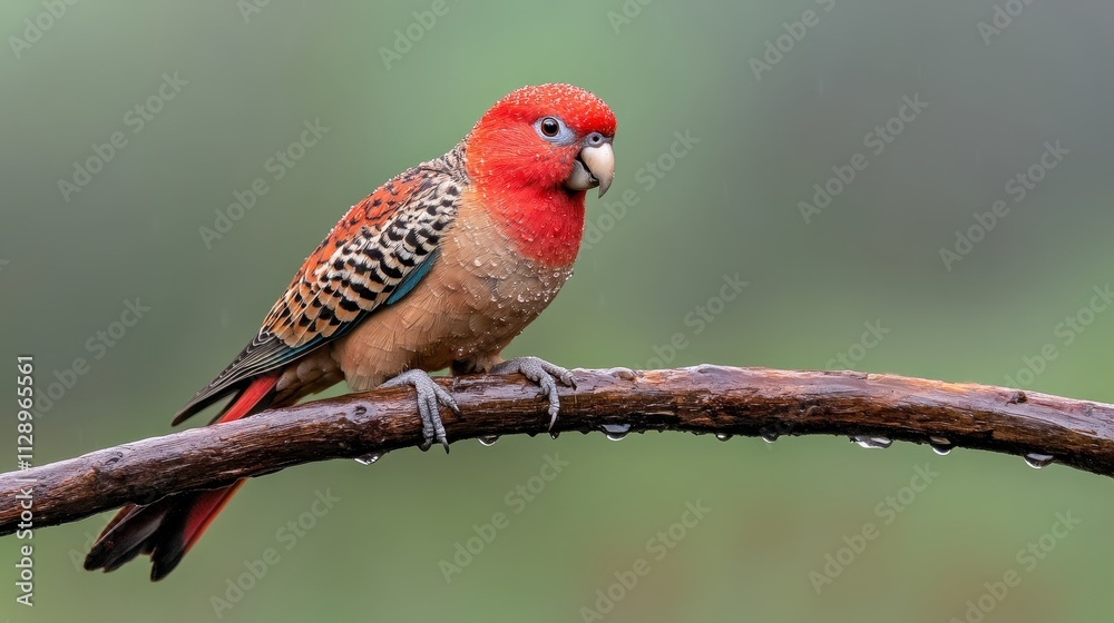 Vibrant Bird Sitting on Branch with Raindrops in Soft Natural Background