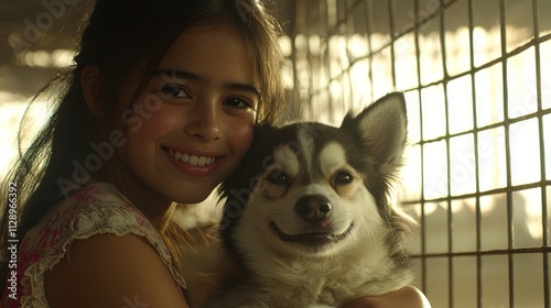 A joyful woman assists in adopting a dog from a rescue shelter, and the dog is delighted. photo