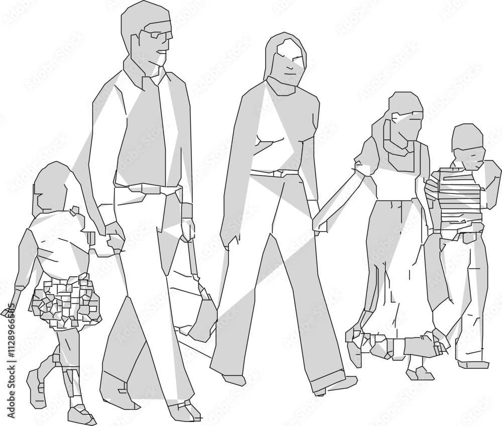 Vector sketch illustration, silhouette design, image of a small family walking down the street.eps Vector sketch illustration, silhouette design, image of a small family walking down the street.eps