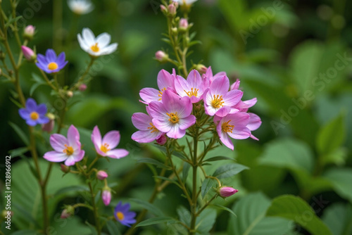 Garden scene pink Campanula flowers white purple blue blooms