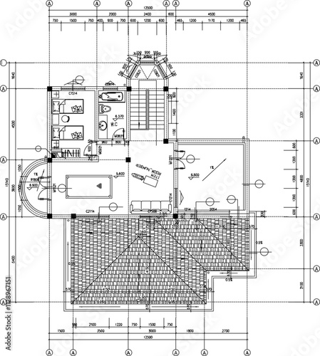 Vector sketch, silhouette illustration, architectural engineering design, landscape plan, site plan, layout, old house building, classic, vintage, ethnic.eps