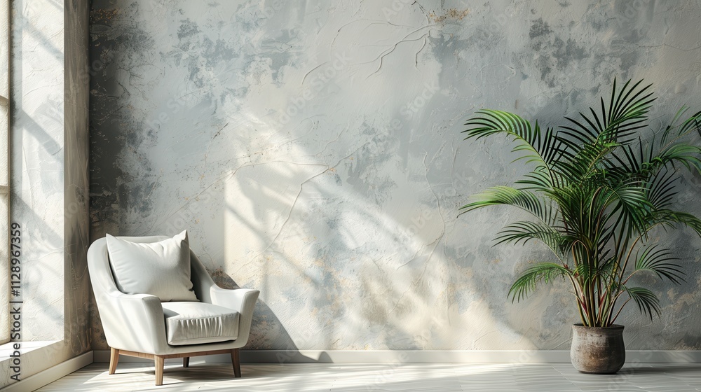 Chic interior showcasing a sleek armchair and a leafy plant beside a neutral plaster wall Chic interior showcasing a sleek armchair and a leafy plant beside a neutral plaster wall