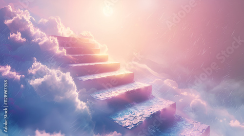 Staircase to heaven against bright blue sky with cloud of white abd purple colour 
