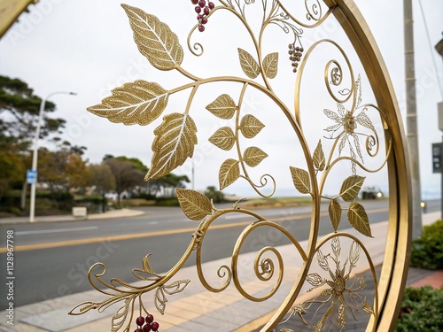 Elegant Hand-Drawn Golden Vine Design with Leaves and Berries in a Round Frame, Perfect for Nature-Themed Illustrations and Decorative Elements
