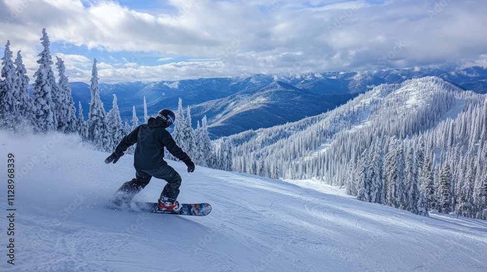 A snowboarder glides down a snowy mountain slope surrounded by trees and distant peaks. A snowboarder glides down a snowy mountain slope surrounded by trees and distant peaks.