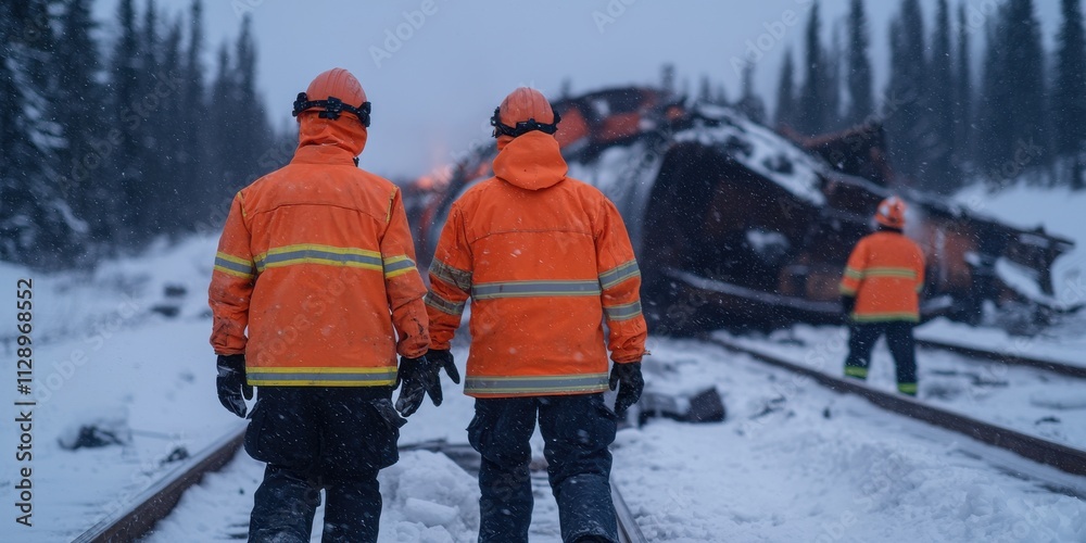 Two workers in orange jackets survey a snow-covered train derailment scene, highlighting the challenges of winter recovery operations in remote areas. Two workers in orange jackets survey a snow-covered train derailment scene, highlighting the challenges of winter recovery operations in remote areas.