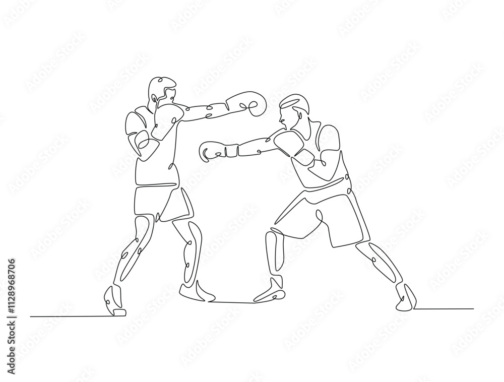 Continuous one line drawing of professional boxing player combat . Two Kingboxing man doing combat training in single line draw vector illustration. Editable line vector. Continuous one line drawing of professional boxing player combat . Two Kingboxing man doing combat training in single line draw vector illustration. Editable line vector.