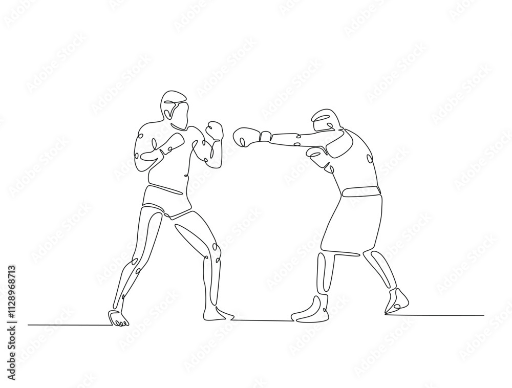Continuous one line drawing of professional boxing player combat . Two Kingboxing man doing combat training in single line draw vector illustration. Editable line vector. Continuous one line drawing of professional boxing player combat . Two Kingboxing man doing combat training in single line draw vector illustration. Editable line vector.