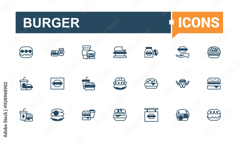 Burger line web icon set. Contains related to burger, bun, fast food, element, sandwich and more. Simple web icons. Vector illustration in modern line style. Burger line web icon set. Contains related to burger, bun, fast food, element, sandwich and more. Simple web icons. Vector illustration in modern line style.