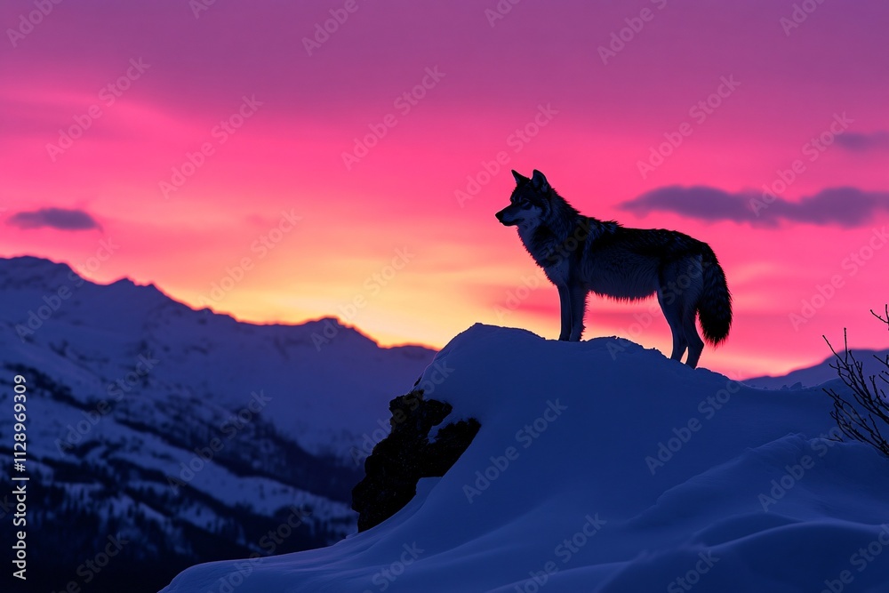 A solitary wolf silhouette standing on a snow-covered peak, sunset casting a pink and purple hue over the scene, calm, quiet atmosphere, medium close-up 5 A solitary wolf silhouette standing on a snow-covered peak, sunset casting a pink and purple hue over the scene, calm, quiet atmosphere, medium close-up 5