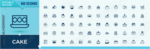 Cake icons. Featuring delicious, pastry, ice, decoration, sweet, berry, cream, chocolate. Perfect for logos and infographics. Editable vector outline and solid icons.
