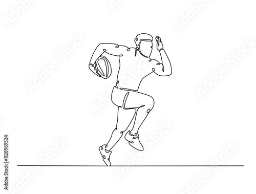Continuous one line drawing of professional rugby player running with the ball. Rugby sport game. Editable line vector.