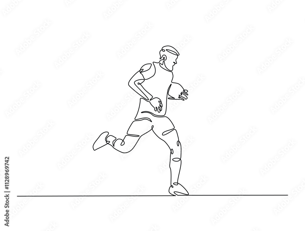 Continuous one line drawing of professional rugby player running with the ball. Rugby sport game. Editable line vector.