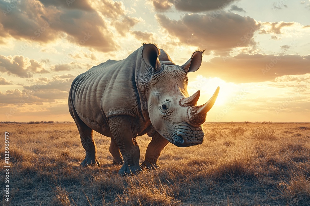 Fototapeta premium A rhinoceros's silhouette standing in the savannah with the sun setting behind, golden light, vast and wild atmosphere, medium close-up view 2