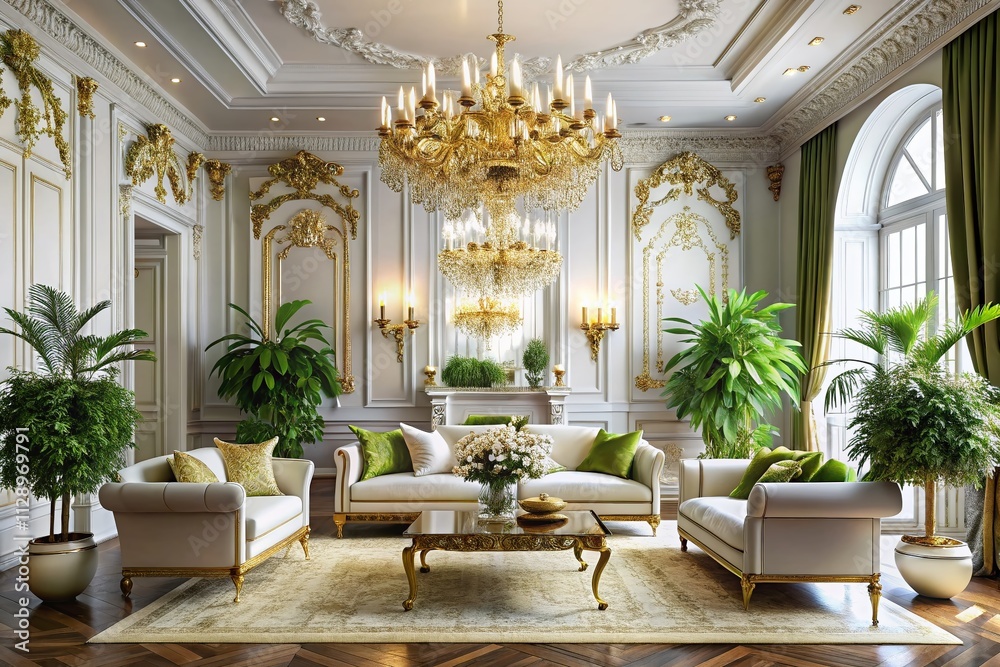 Elegant Luxury Living Room Interior in White and Gold with Grand Chandelier and Lush Greenery for Stylish Home Decor Inspiration Elegant Luxury Living Room Interior in White and Gold with Grand Chandelier and Lush Greenery for Stylish Home Decor Inspiration