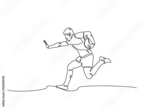 Continuous one line drawing of professional rugby player running with the ball. Rugby sport game. Editable line vector.