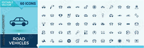 Road Vehicles vector line icon set. Featuring electric, car, engine, s, transport, service, traffic, on. Outline icons pack. Solid line editable stroke. Vector line and solid icons.